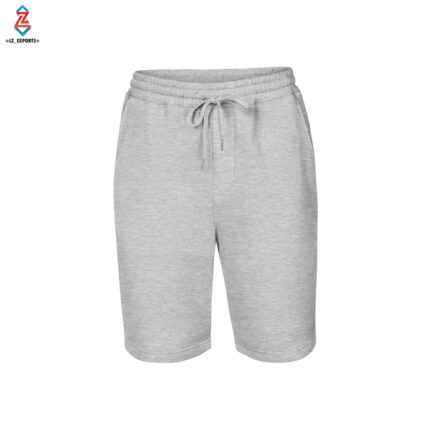 A pair of men's grey cotton shorts with an elastic waistband and drawstring, ideal for casual or athletic wear.