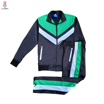 Full tracksuit accessible in black, green, and white with a zippered jacket and matching pants, suited for workout and casual wear.